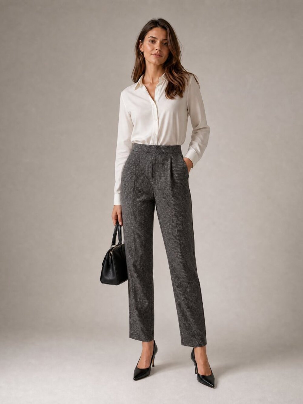 ONLY Grey Plaid Trousers High Rise Pleated Straight Leg Workwear Dress Pants